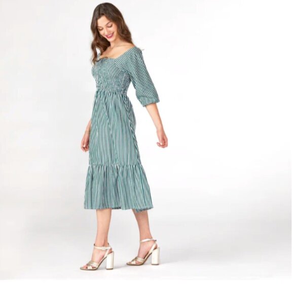 Maxwell & Geraldine Charlotte Smocked Striped Midi Dress Forest Green - Picture 3 of 10